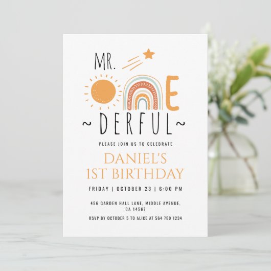 de heer Onederful Boho Rainbow First Birthday Boy Kaart (Staand voorkant)