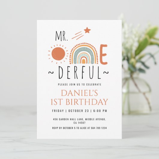 de heer Onederful Boho Rainbow First Birthday Boy Kaart (Staand voorkant)