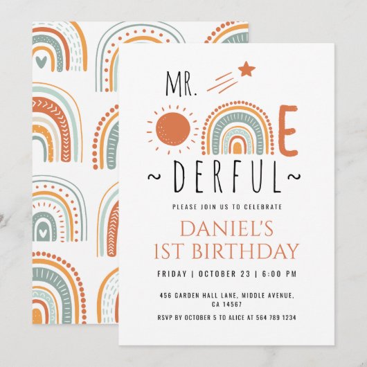 de heer Onederful Boho Rainbow First Birthday Boy Kaart (Voorkant / Achterkant)