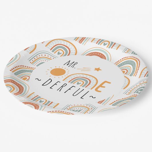 de heer Onederful Boho regenboogprik eerste verjaa Papieren Bordje (Gekanteld)