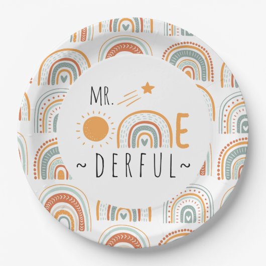 de heer Onederful Boho regenboogprik eerste verjaa Papieren Bordje (Voorkant)