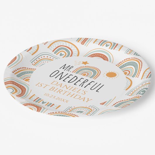de heer Onederful Boho regenboogprik eerste verjaa Papieren Bordje (Gekanteld)