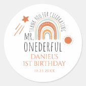 de heer Onederful Boho regenboogprik eerste verjaa Ronde Sticker (Voorkant)