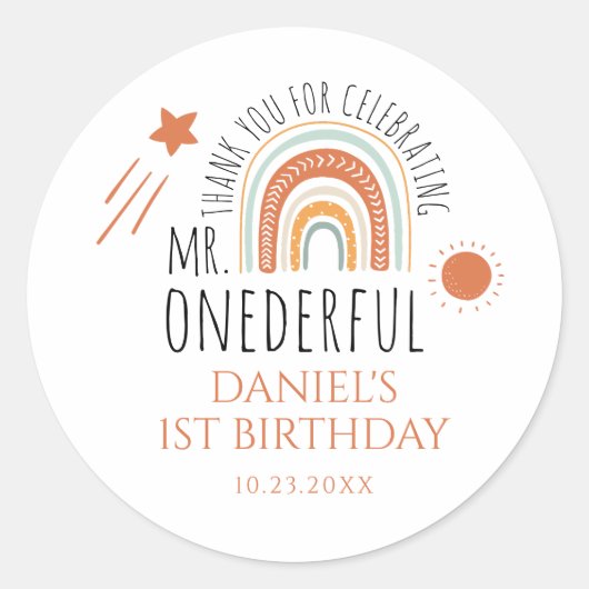 de heer Onederful Boho regenboogprik eerste verjaa Ronde Sticker (Voorkant)