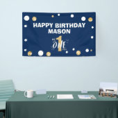De heer Onederful First Birthday Boy Navy Blue Gol Spandoek (Beurs)