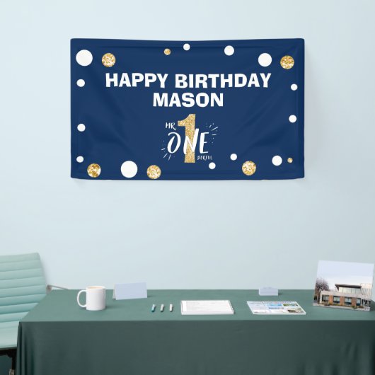 De heer Onederful First Birthday Boy Navy Blue Gol Spandoek (Beurs)