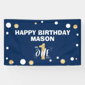 De heer Onederful First Birthday Boy Navy Blue Gol Spandoek (Horizontaal)