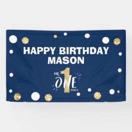 De heer Onederful First Birthday Boy Navy Blue Gol Spandoek