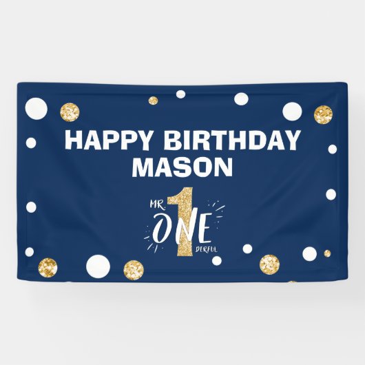 De heer Onederful First Birthday Boy Navy Blue Gol Spandoek (Horizontaal)