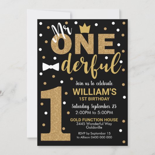 De heer Onederful Invitation Black en Gold Kaart (Voorkant)