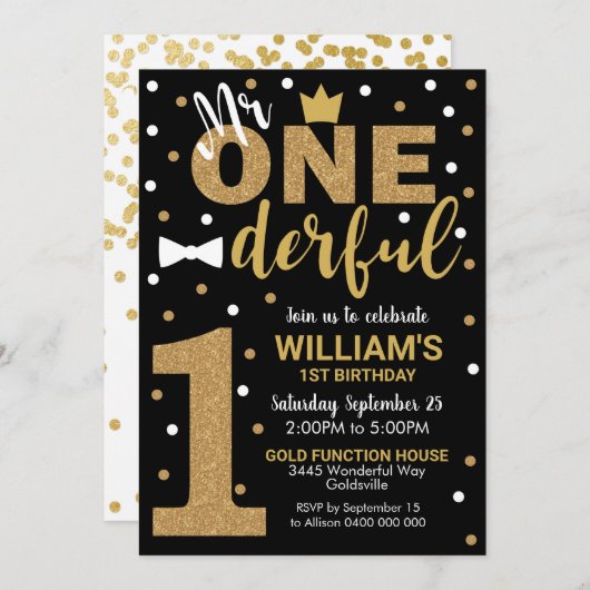 De heer Onederful Invitation Black en Gold Kaart (Voorkant / Achterkant)