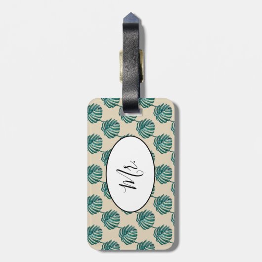 de heer Palm Print Turquoise Bagagelabel (Achterkant verticaal)