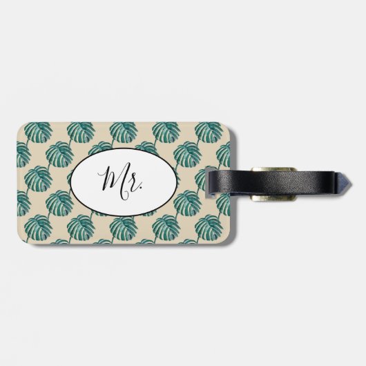 de heer Palm Print Turquoise Bagagelabel (Achterkant horizontaal)