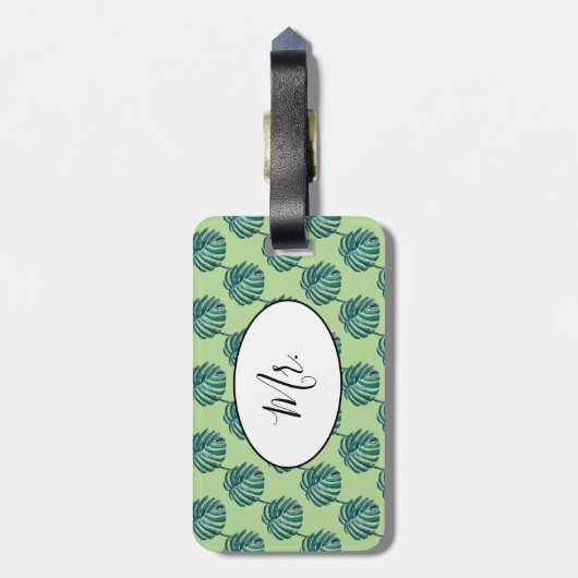 de heer Palm Print Turquoise Bagagelabel (Achterkant verticaal)