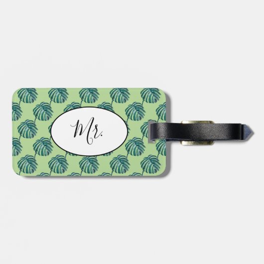de heer Palm Print Turquoise Bagagelabel (Achterkant horizontaal)