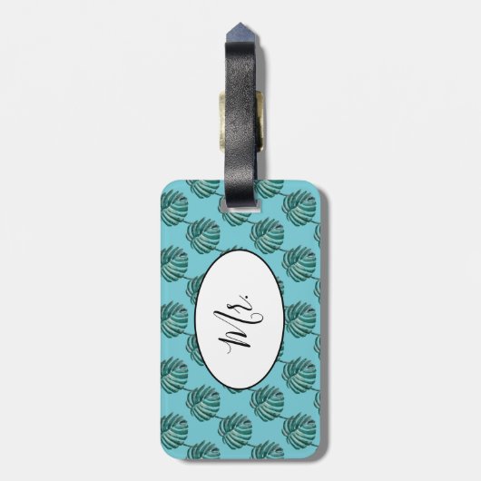 de heer Palm Print Turquoise Bagagelabel (Achterkant verticaal)