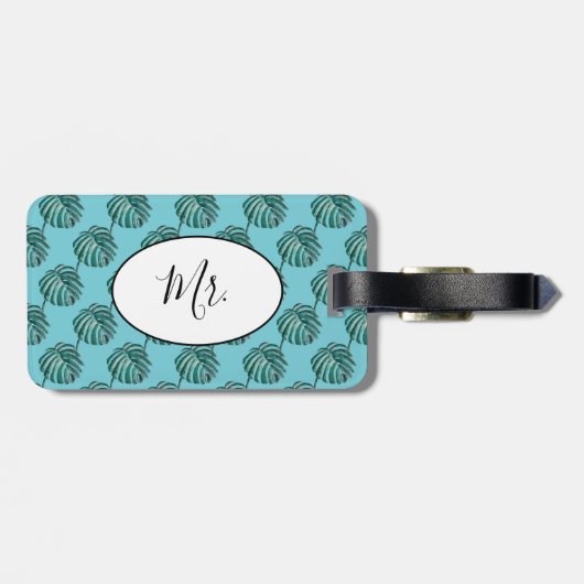 de heer Palm Print Turquoise Bagagelabel (Achterkant horizontaal)