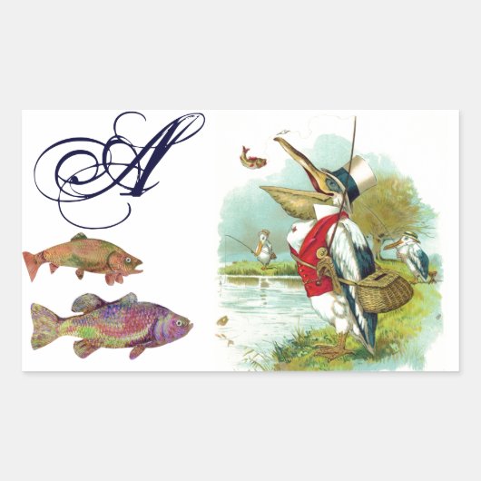 DE HEER PELICAN VIST MONOGRAM RECHTHOEKIGE STICKER (Voorkant)