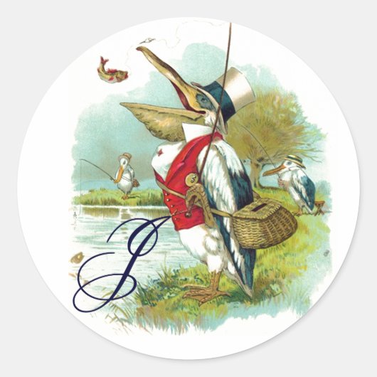 DE HEER PELICAN VIST MONOGRAM RONDE STICKER (Voorkant)