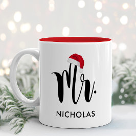 de heer Red Santa Hat Custom Holiday Monogram Tweekleurige Koffiemok