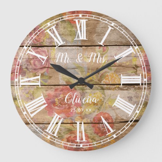 de heer Rustic Farmhouse Floral Wood Roman Numeral Grote Klok (Voorkant)