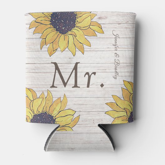 de heer Rustic White Wood Chic Yellow Sunflower Blikjeskoeler (Voorkant)