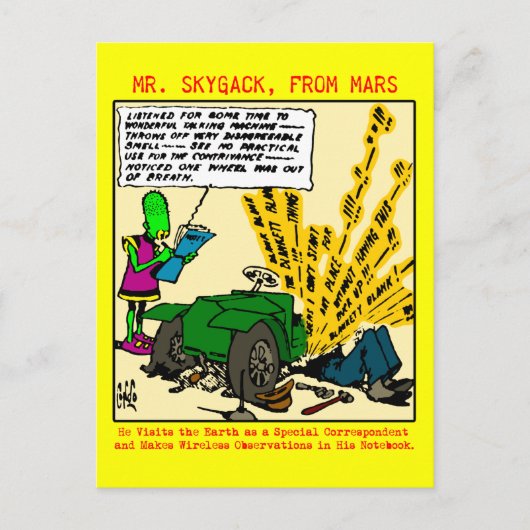 De heer Skygack merkt op dat een afgebroken auto Briefkaart (Voorkant)