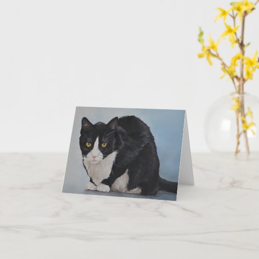 de heer Tuxedo Black and White Cat Art Note Card Kaart (Gele Bloem)