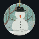 de heer Winter Wish Snowman Ornament Round<br><div class="desc">Laat het sneeuwen! Laat het sneeuwen! Laat het sneeuwen. Mr Snowman met bovenste hoed en wortelneus houdt van de sneeuw.  blauwe achtergrond en bruine boomsilhouetten. Mooi afbeelding. Personaliseer u door tekst te wijzigen. De heer Winter Snowman vectorafbeelding breidde de vergunning uit van Fotolia.com - © grgroup - Fotolia.com.</div>
