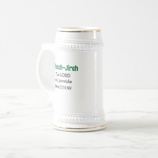 De Heer zal Bijbel Verse Groen en Wit verstrekken Bierpul (Voorkant links)