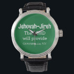 De Heer zal de Bijbel Verse Dark Green Horloge<br><div class="desc">Dit prachtige horloge bevat een van Gods namen, Jehovah-Jireh, wat betekent dat de Heer zal zorgen, samen met het bijbelvers uit het boek Genesis.</div>