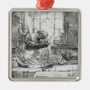 De Heilige Familie met een kat, 1654 Metalen Ornament
