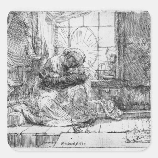 De Heilige Familie met een kat, 1654 Vierkante Sticker (Voorkant)