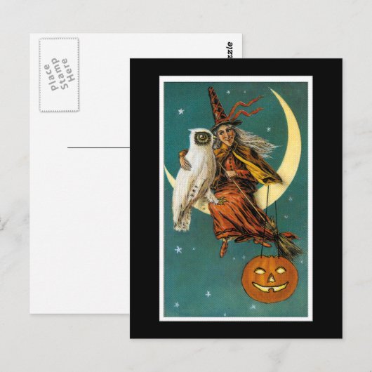 De heks en haar hol zitten op de maan briefkaart (Voorkant / Achterkant)