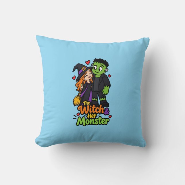 De Heks en Haar Monster Schattig Halloween Koppel  Kussen (Voorkant)