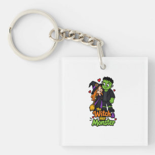 De Heks en Haar Monster Schattig Halloween Koppel Sleutelhanger