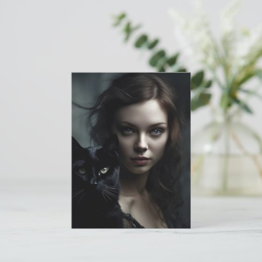 De heks en haar zwarte kat briefkaart (Staand voorkant)