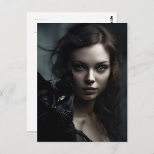 De heks en haar zwarte kat briefkaart (Voorkant / Achterkant)