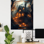 De heks huisje Halloween met gloeiende jacks Poster (Thuiskantoor)