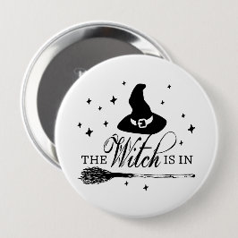 De Heks Is Er | Halloween Heksenhoed & Bezem Ronde Button 4,0 Cm