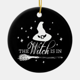De Heks Is Er met Hoed & Bezem Halloween Zwart Keramisch Ornament