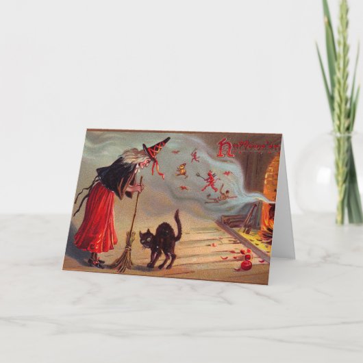 De Heks van Halloween en Zwarte Kat Kaart (Voorkant)