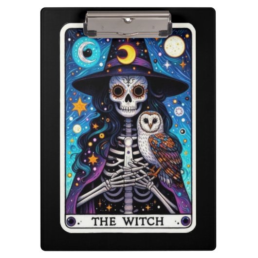 De Heksen Tarot | Skelet Heks met Uil Klembord (Voorkant)