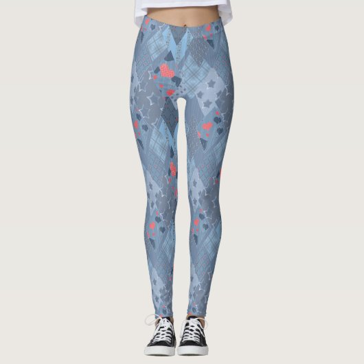 De heldere blauwe lappendeken leggings (Voorkant)