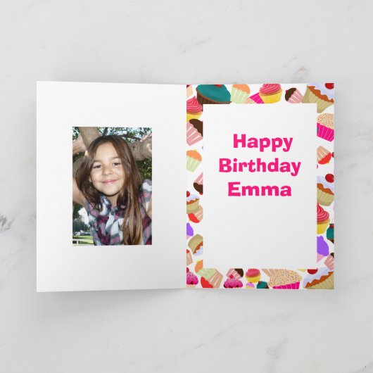 De heldere Roze Verjaardag van de Foto Cupcake Kaart (Binnen)