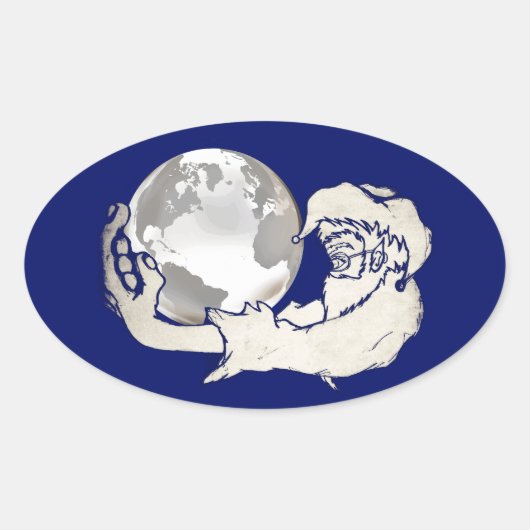 de hele wereld in een apen hand ovale sticker (Voorkant)