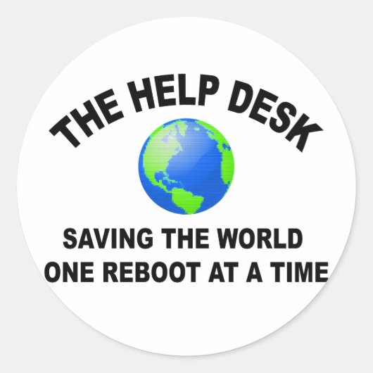 De helpdesk - de wereld redden ronde sticker (Voorkant)