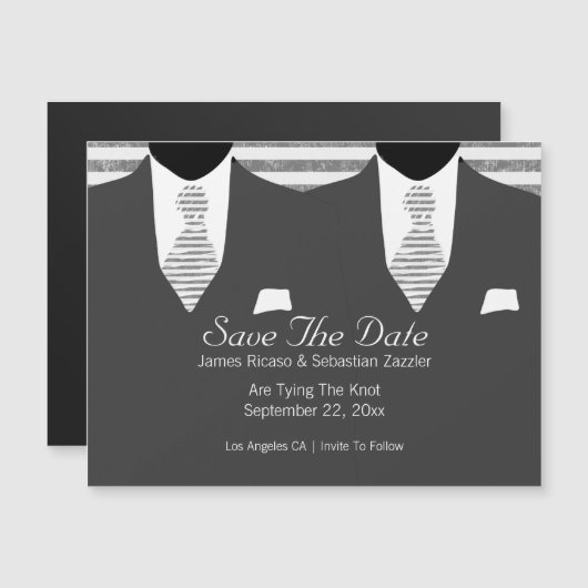De heren Gray Suit Stropdas Gay Save the Date Wedd Magnetische Uitnodiging (Voorkant / Achterkant)