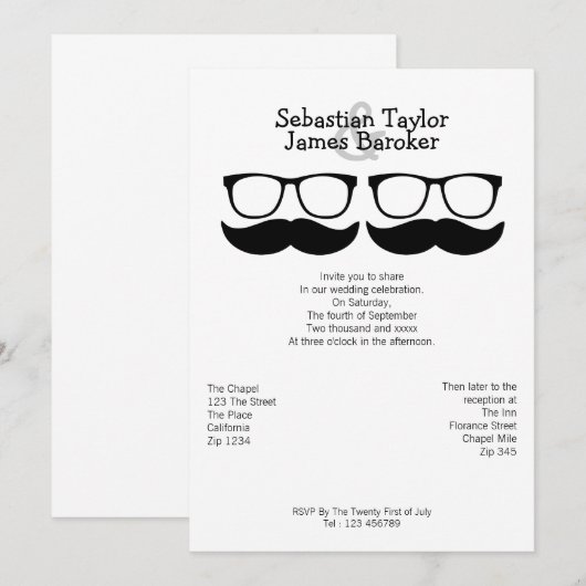 de heren Mustache en Glasses Wedding Kaart (Voorkant / Achterkant)