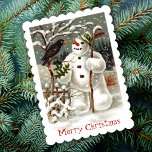 De heren Snowman en Crow Invitation Kaart<br><div class="desc">Dit prachtige Duitse briefkaart afbeelding illustreert een kraai die een bezoek brengt aan een sneeuwpop omringd door een winteromgeving. De eenvoud en de kleuren resulteren in een mooi opvallend afbeelding. Het is perfect voor al je kerstvakanties.</div>